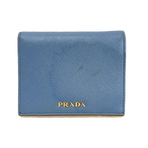 Auth PRADA - 1MV204 Light Blue Gold Leather Hardware Bifold Wallet - Picture 1 of 10